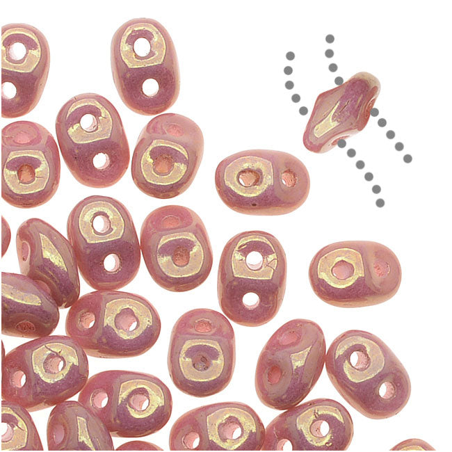SuperDuo 2-Hole Czech Glass Beads, Opaque Pink Luster, 2x5mm, 8g Tube
