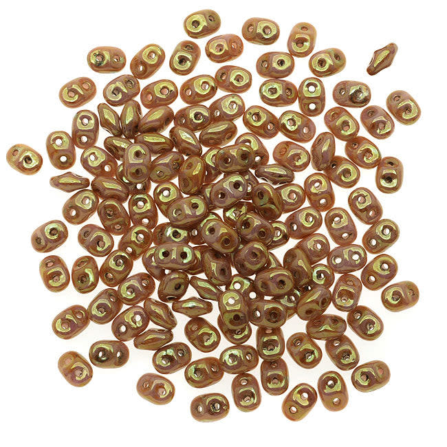 SuperDuo 2-Hole Czech Glass Beads, Opaque Rose Luster/Gold Topaz, 8g Tube