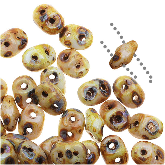 SuperDuo 2-Hole Czech Glass Beads, Opaque White Picasso, 2x5mm, 8g Tube