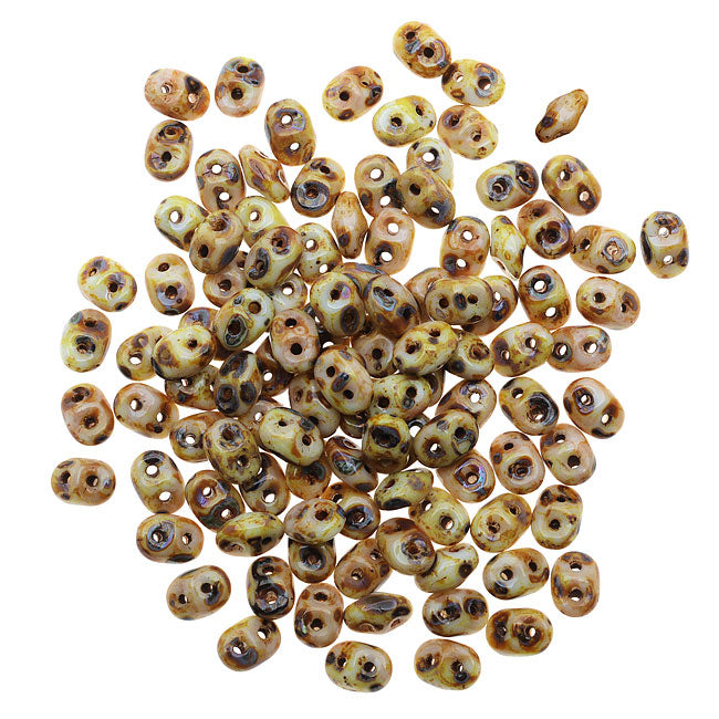 SuperDuo 2-Hole Czech Glass Beads, Opaque White Picasso, 2x5mm, 8g Tube