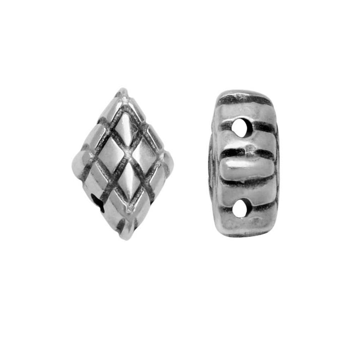 Cymbal Bead Substitute for GemDuo Beads, Plaka, 2-Hole Diamond Cross Hatch,8x5mm, Ant Silver (12 Pcs)