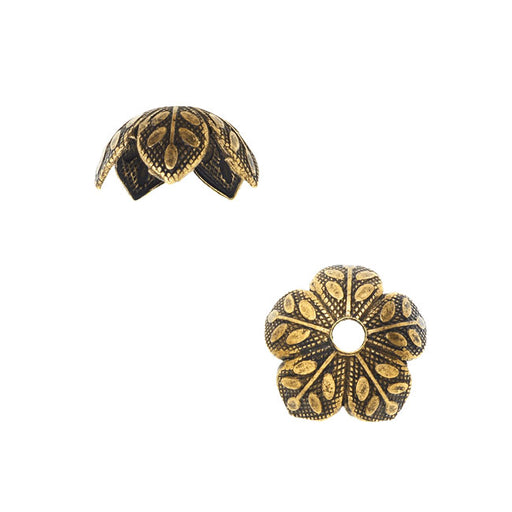 Nunn Design Bead Caps, 9mm Etched Daisy Design Antiqued Gold (4 Pieces)