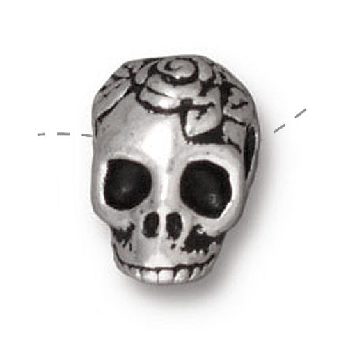 TierraCast Fine Silver Plated Pewter Skull With Roses Side Drill Spacer Bead 10mm (1 pcs)