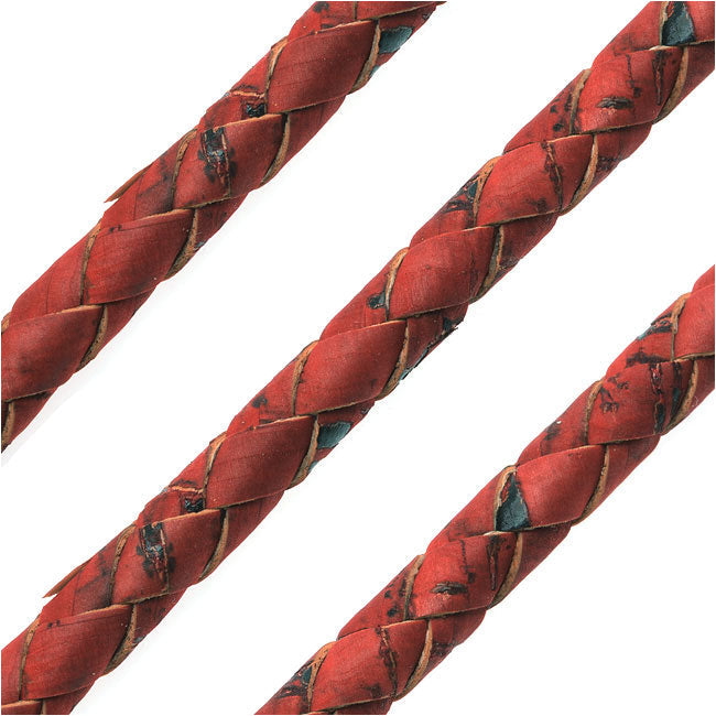 Portuguese Cork Cord by Regaliz, Round and Braided 6mm, Red, by the Inch
