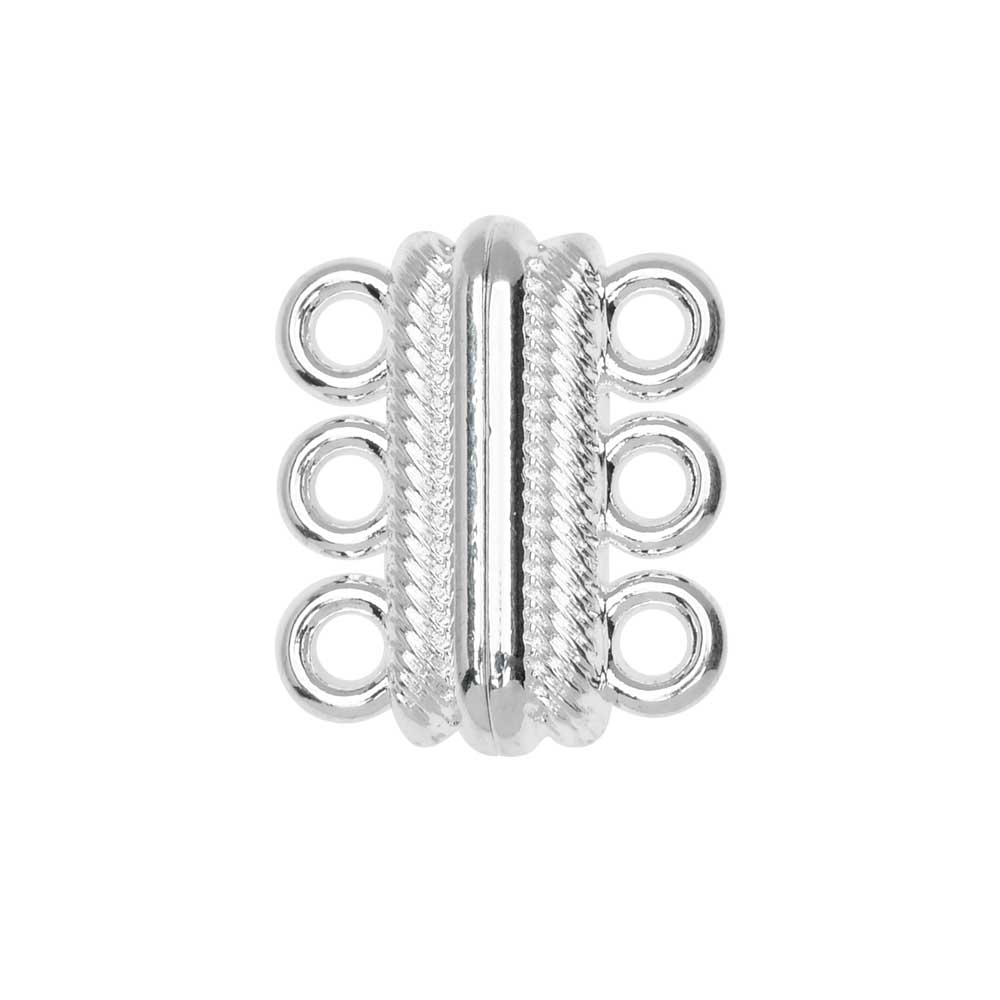 Magnetic Clasps, 3-Strand Bar with Rope Edge 20x8mm, Silver Tone Brass (1 Set)