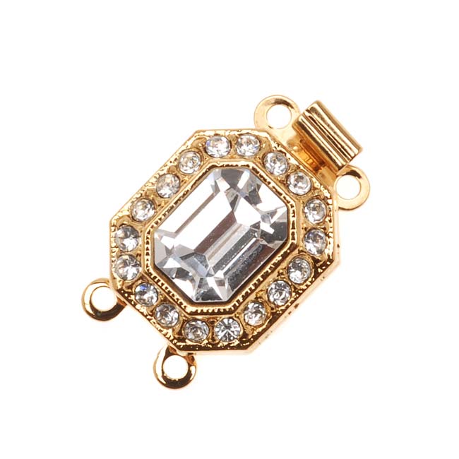 Filigree Box Clasps, 2 Strand with Crystals 22x12mm, 23K Gold Plated (1 Piece)