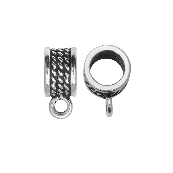 Slider Bail, Roped Round 16mm, Fits 8mm Cord, Antiqued Silver, By TierraCast (2 Pieces)