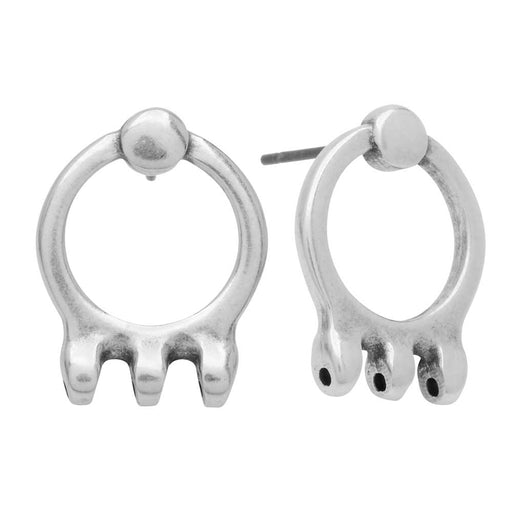 Cymbal Earring Posts for SuperDuo Beads, Farali III, 3-Hole 18x14mm, Antiqued Silver Plated (1 Pair)