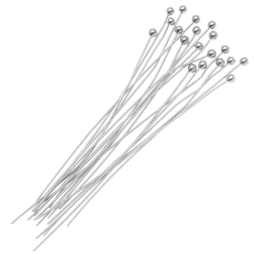 Head Pins, with Ball Head 1.5 Inches Long and 21 Gauge Thick, Silver Plated (20 Pieces)
