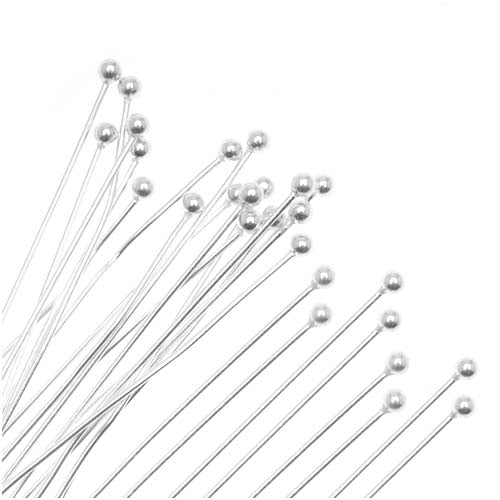 Head Pins, with Ball Head 2 Inches Long and 22 Gauge Thick, Silver Plated (20 Pieces)