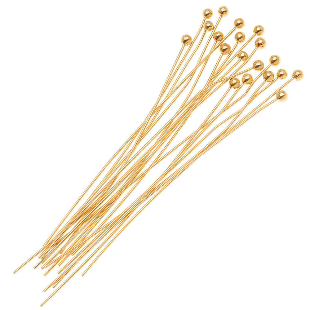 Head Pins, with Ball Head 2 Inches Long and 24 Gauge Thick, 22K Gold Plated (50 Pieces)