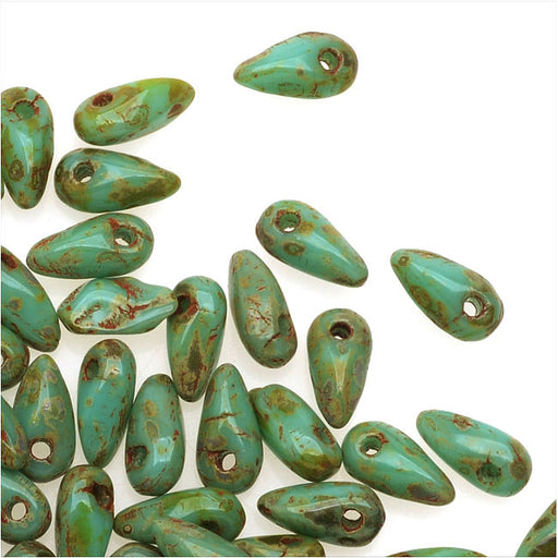 Czech Glass Mini Dagger Beads, 2.5x6mm, 10 Gram Tube, Turqouise - Picasso