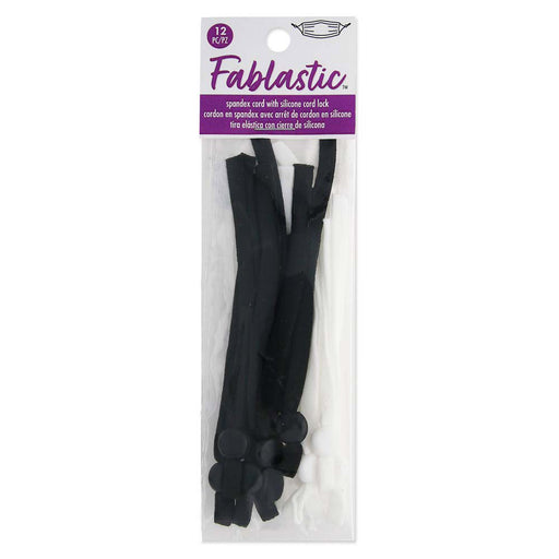 Fablastic Stretch Cord with Cord Lock for Mask Making, Flat 5mm (0.196 Inch) Thick, Black & White Assorted Pack (12 Pieces)