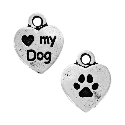 Pewter Charm, 2-Sided Heart Love My Dog / Paw Print, Antiqued Silver, By TierraCast (1 Piece)