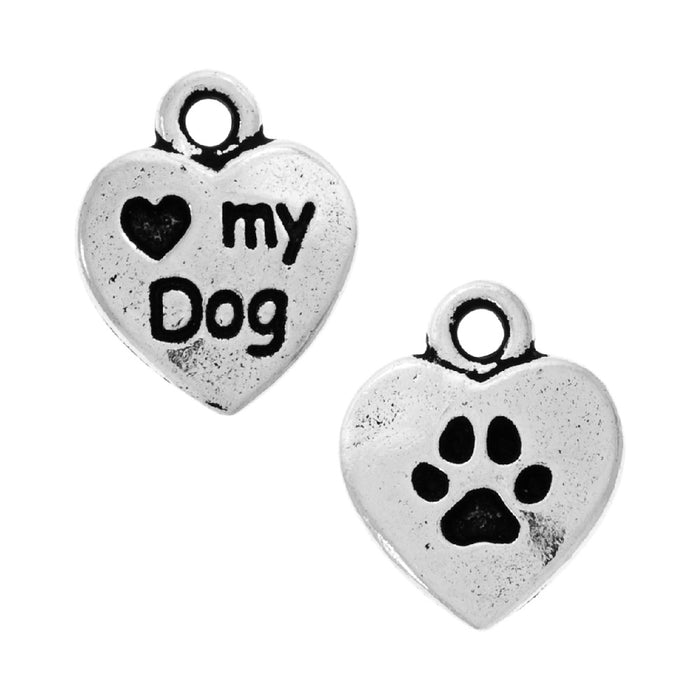 Pewter Charm, 2-Sided Heart Love My Dog / Paw Print, Antiqued Silver, By TierraCast (1 Piece)