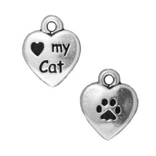 Pewter Charm, 2-Sided Heart My Cat / Paw Print, Antiqued Silver, By TierraCast (1 Piece)
