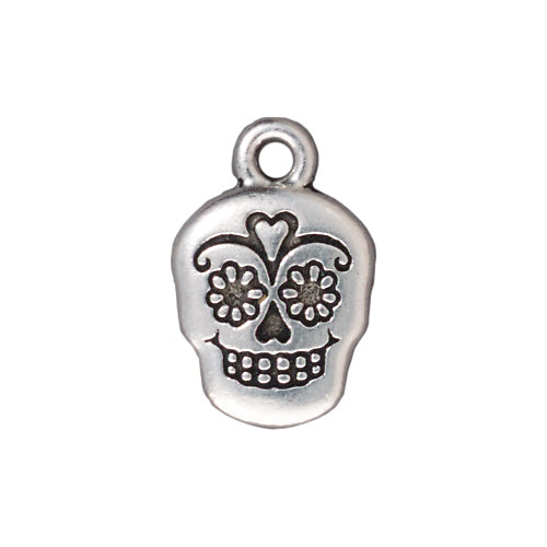 TierraCast Silver Plated Pewter Dia De Los Muertos Sugar Skull Pendant Charm 19mm (1 pcs)