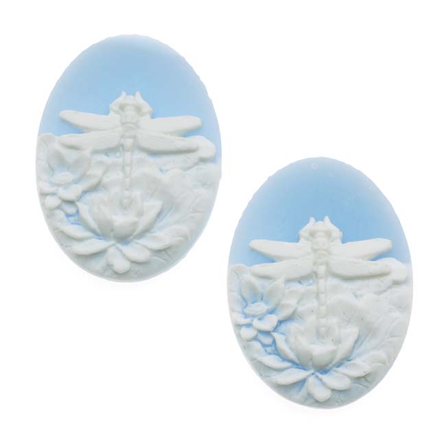 Vintage Style Lucite Oval Cameo Blue With White Dragonfly 25 x 18mm (2 pcs)