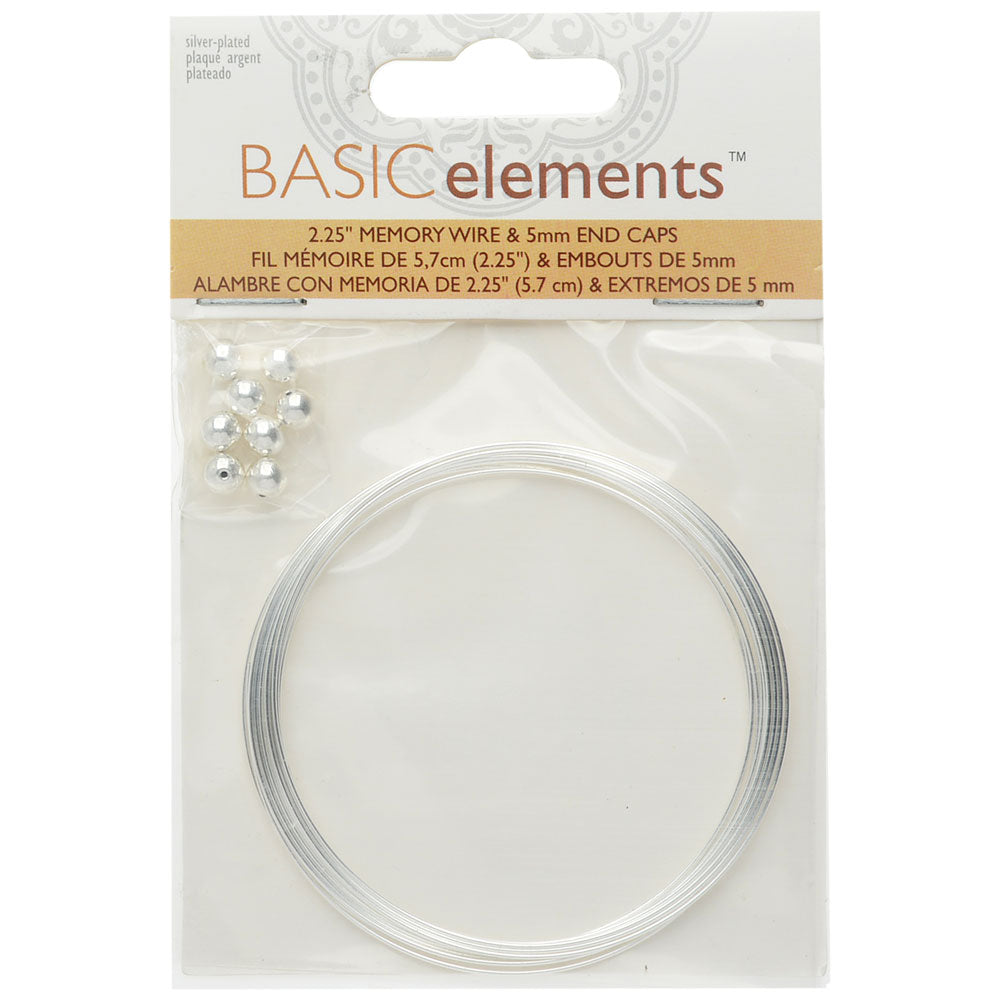 Memory Wire And End Caps Set, Bracelet Round Size Medium 2.25 Inch Diameter, 12 Loops, Silver Plated