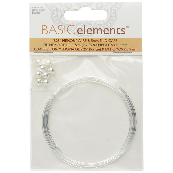 Memory Wire And End Caps Set, Bracelet Round Size Medium 2.25 Inch Diameter, 12 Loops, Silver Plated
