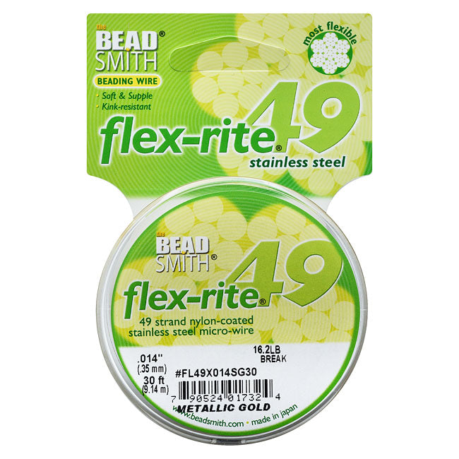 The Beadsmith Flex-Rite Beading Wire, 49 Strand .014" Thick, 30 Foot Spool, Metallic Satin Gold