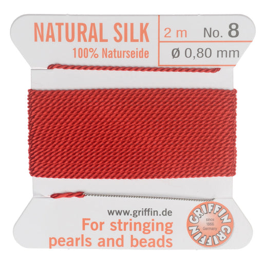 Griffin Silk Beading Cord & Needle, Size 8 (0.8mm), 2 Meters, Red