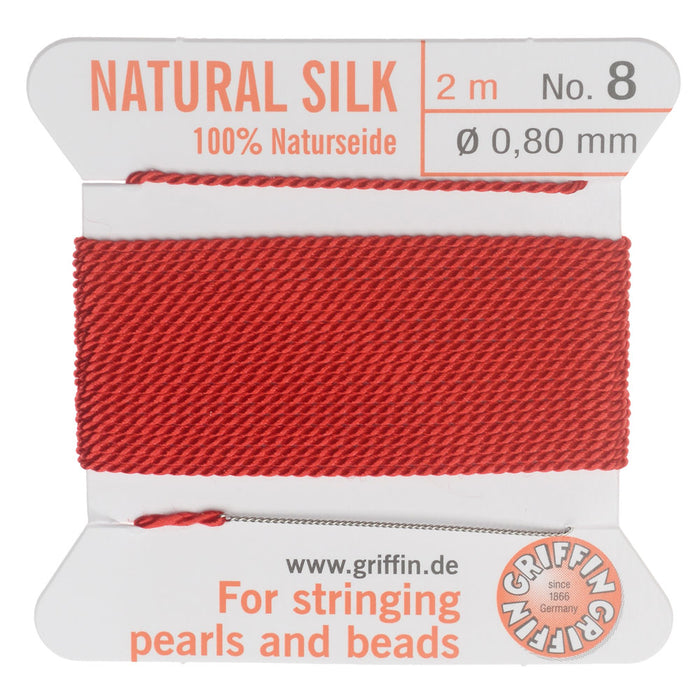 Griffin Silk Beading Cord & Needle, Size 8 (0.8mm), 2 Meters, Red